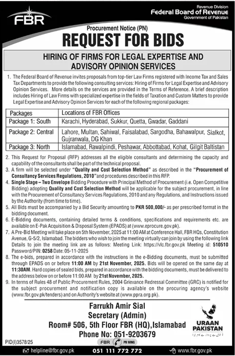 Federal Board of Revenue Islamabad Tender Notice